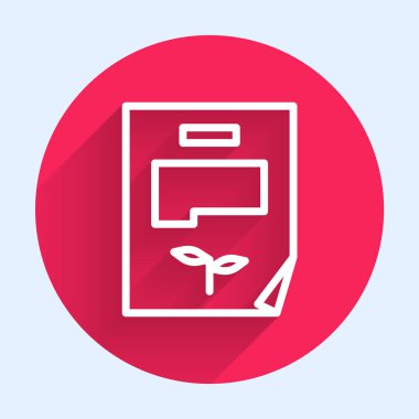 Beyaz çizgi Yaprak belgesi simgesi uzun gölgeli izole edildi. Doğa dosya simgesi. Kırmızı daire düğmesi. Vektör İllüstrasyonu.