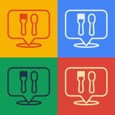 Pop Art Line Cafe ve restoran konumu ikonu renk arkaplanında izole edilmiş. Noktanın içinde çatal ve kaşık yeme işareti var. Vektör İllüstrasyonu..