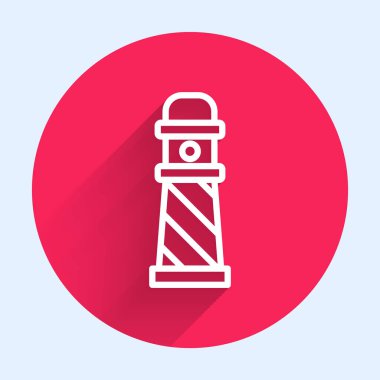 Beyaz çizgi deniz feneri ikonu uzun gölgeli izole edilmiş. Kırmızı daire düğmesi. Vektör İllüstrasyonu.