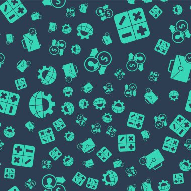 Job 'un terfi değişim parasını, Hesap Makinesini, Dünya Küresi' ni, teçhizatı, evrak çantasını ve parayı pürüzsüz bir şablona ayarla. Vektör.