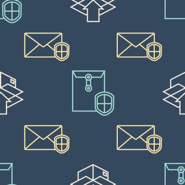 Çizgiyi trafik sembollü karton kutuya, zarfı kalkanla ve kalkanı da kusursuz desenli zarfa ayarla. Vektör.