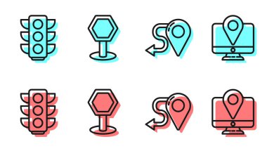 Hat güzergahını, trafik ışığını, trafik işaretini ve konum belirleyici simgesi olan monitörü ayarla. Vektör.