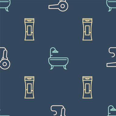 Saç kurutma makinesini, şampuan şişesini ve küveti pürüzsüz bir şekilde ayarla. Vektör.