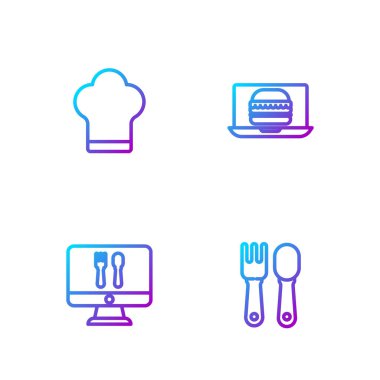 Set hattı Çatal ve Kaşık, online sipariş teslimatı, Şef şapkası ve burger. Renk simgeleri. Vektör.