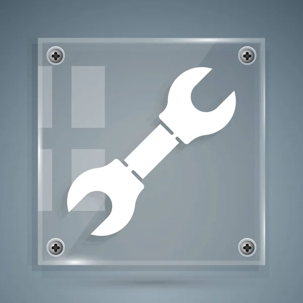 White Wrench Spanner Icon Isolated Grey Background Square Glass Panels — Stock Vector