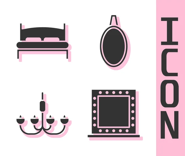 Set Makeup Mirror Lights Big Bed Chandelier Mirror Icon Vector — Stock Vector