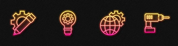 设置线的地球和齿轮 灯泡和电动钻床的线 发光的霓虹灯图标 — 图库矢量图片