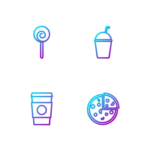 Set Line Pizza Coffee Cup Lollipop Milkshake Gradient Color Icons — Stock Vector