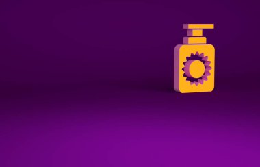 Mor arka planda izole edilmiş turuncu güneş kremi şişesi ikonu. Cilt için güneş ultraviyole ışığından koruma. Minimalizm kavramı. 3d illüstrasyon 3B canlandırma