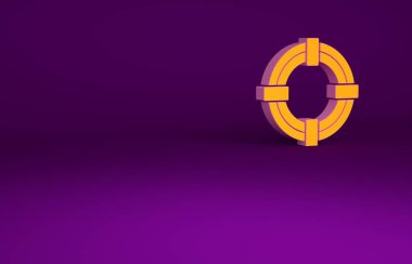 Mor arkaplanda izole edilmiş turuncu Lifebuoy simgesi. Hayat kurtaran yüzen can simidi plaj için, kurtarma kemeri insanları kurtarmak için. Minimalizm kavramı. 3d illüstrasyon 3B canlandırma