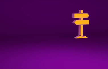 Turuncu yol trafik tabelası. Mor arkaplanda izole edilmiş işaret simgesi. İşaretçi sembolü. Sokak bilgi tabelası. Yön tabelası. Minimalizm kavramı. 3d illüstrasyon 3B canlandırma