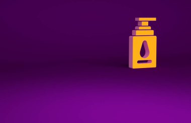 Mor arka planda izole edilmiş turuncu kişisel kayganlaştırıcı simgesi. Yağlama jeli. Erotik seks oyunları için krem. Paketli tüp. Minimalizm kavramı. 3d illüstrasyon 3B canlandırma