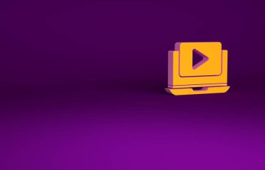 Mor arkaplanda izole edilmiş Orange Online video simgesi. Dizüstü bilgisayar ve oyun işaretli film şeridi. Minimalizm kavramı. 3d illüstrasyon 3B canlandırma