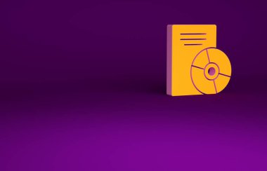 Mor arkaplanda izole edilmiş turuncu CD veya DVD disk simgesi. Küçük disk işareti. Minimalizm kavramı. 3d illüstrasyon 3B canlandırma