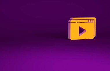 Mor arkaplanda izole edilmiş Orange Online video simgesi. Oyun işaretli film şeridi. Minimalizm kavramı. 3d illüstrasyon 3B canlandırma