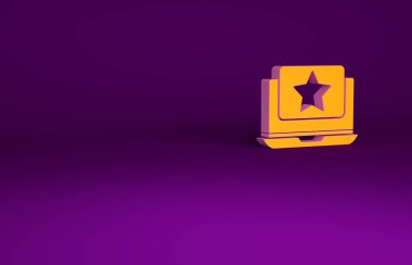 Mor zemin üzerinde yıldız simgesi olan turuncu dizüstü bilgisayar. Favori, en iyi derecelendirme, ödül sembolü. Minimalizm kavramı. 3d illüstrasyon 3B canlandırma