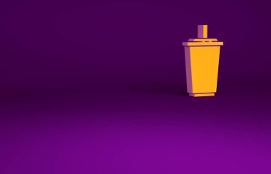 Mor zemin üzerinde saman ve su ikonu bulunan turuncu kağıt bardak. Soda bardağı. Taze soğuk içecek sembolü. Minimalizm kavramı. 3d illüstrasyon 3B canlandırma