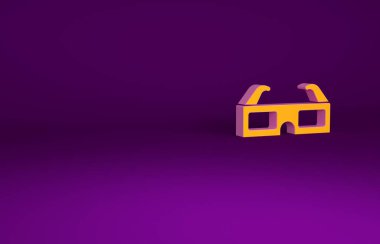 Mor arkaplanda izole edilmiş turuncu 3 boyutlu sinema gözlüğü ikonu. Minimalizm kavramı. 3d illüstrasyon 3B canlandırma