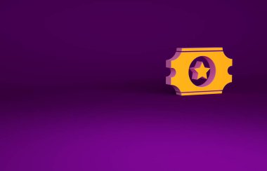 Mor arka planda izole edilmiş turuncu sinema bileti ikonu. Minimalizm kavramı. 3d illüstrasyon 3B canlandırma