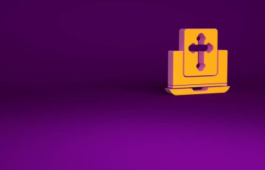 Dizüstü bilgisayardaki Orange Cross simgesi mor arkaplanda izole edilmiş. Minimalizm kavramı. 3d illüstrasyon 3B canlandırma