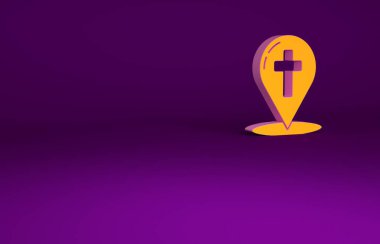 Mor arkaplanda izole edilmiş Hristiyan haç simgesi olan turuncu harita işaretçisi. Minimalizm kavramı. 3d illüstrasyon 3B canlandırma