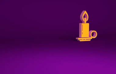 Mor arkaplanda izole edilmiş şamdan ikonunda turuncu yanan mum. Silindirik mum çubuğu ve yanan ateş. Minimalizm kavramı. 3d illüstrasyon 3B canlandırma