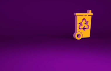 Mor arkaplanda izole edilmiş turuncu geri dönüşüm kutusu simgesi simgesi. Çöp kutusu simgesi. Çöp kutusu tabelası. Geri dönüşüm sepeti işareti. Minimalizm kavramı. 3d illüstrasyon 3B canlandırma