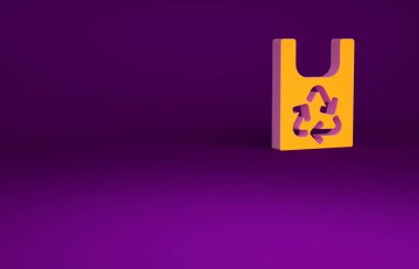 Mor zemin üzerinde geri dönüşüm simgesi olan turuncu plastik torba. Geri dönüşüm sembollü çanta. Minimalizm kavramı. 3d illüstrasyon 3B canlandırma