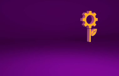 Portakal yapraklı bitki ekolojisi mor arka planda izole edilmiş dişli makinesi ikonu. Çevre dostu teknoloji. Dünya Çevre Günü etiketi. Minimalizm kavramı. 3d illüstrasyon 3B canlandırma