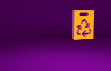 Mor zemin üzerinde geri dönüşüm simgesi olan turuncu kağıt alışveriş torbası. Geri dönüşüm sembollü çanta. Minimalizm kavramı. 3d illüstrasyon 3B canlandırma