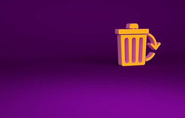 Mor arkaplanda izole edilmiş turuncu geri dönüşüm kutusu simgesi simgesi. Çöp kutusu simgesi. Çöp kutusu tabelası. Geri dönüşüm sepeti işareti. Minimalizm kavramı. 3d illüstrasyon 3B canlandırma