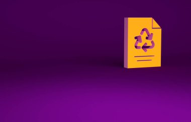 Mor arkaplanda izole edilmiş geri dönüşüm simgesine sahip turuncu kağıt. Minimalizm kavramı. 3d illüstrasyon 3B canlandırma