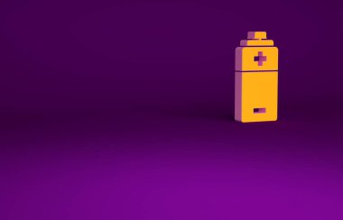 Mor arkaplanda turuncu pil simgesi izole edildi. Şimşek sembolü. Minimalizm kavramı. 3d illüstrasyon 3B canlandırma