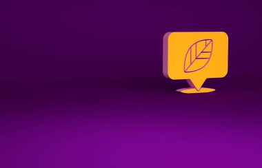 Mor zemin üzerinde yaprak olan turuncu konum rozeti. Minimalizm kavramı. 3d illüstrasyon 3B canlandırma