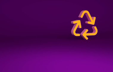 Mor arkaplanda izole edilmiş turuncu geri dönüşüm simgesi. Dairesel ok simgesi. Çevre geri dönüşümü yeşile döner. Minimalizm kavramı. 3d illüstrasyon 3B canlandırma