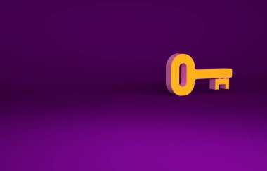 Mor arkaplanda izole edilmiş turuncu eski anahtar simgesi. Minimalizm kavramı. 3d illüstrasyon 3B canlandırma