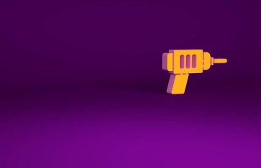 Mor zemin üzerinde turuncu elektrikli matkap simgesi izole edildi. Tamir aleti. Minimalizm kavramı. 3d illüstrasyon 3B canlandırma