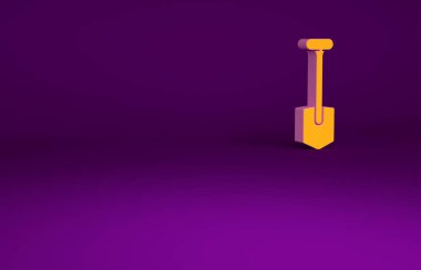 Mor arkaplanda izole edilmiş turuncu kürek ikonu. Bahçe aletleri. Bahçecilik, tarım, çiftçilik aleti. Minimalizm kavramı. 3d illüstrasyon 3B canlandırma