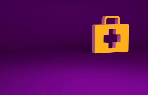 Icono del kit de primeros auxilios naranja aislado sobre fondo púrpura. Caja médica con cruz. Equipo médico para emergencias. Concepto de salud. Concepto minimalista. 3D ilustración 3D render —  Fotos de Stock