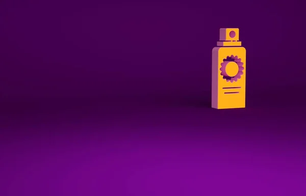 Icono naranja botella spray protector solar aislado sobre fondo púrpura. Protección para la piel de la luz ultravioleta solar. Concepto minimalista. 3D ilustración 3D render — Foto de Stock