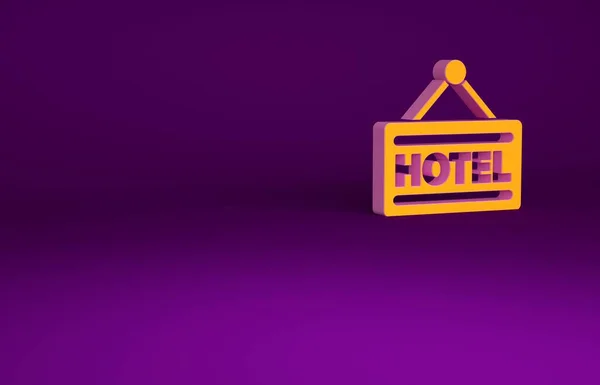 Letrero naranja publicidad al aire libre con texto icono del hotel aislado sobre fondo púrpura. Concepto minimalista. 3D ilustración 3D render —  Fotos de Stock