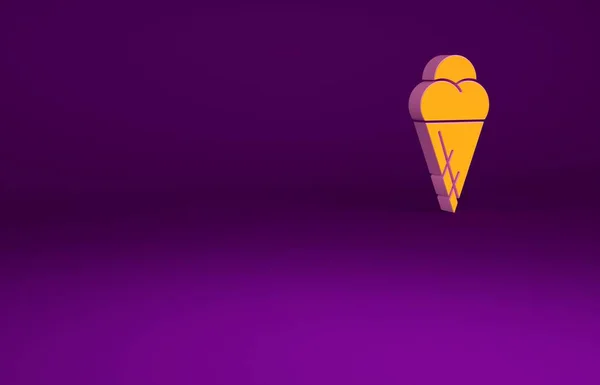 Crème glacée orange dans une icône de cône de gaufre isolée sur fond violet. Doux symbole. Concept de minimalisme. Illustration 3D rendu 3D — Photo