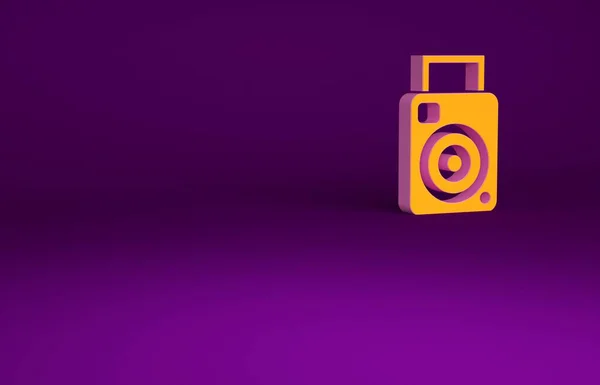 Icono de la cámara fotográfica naranja aislado sobre fondo púrpura. Icono de cámara fotográfica. Concepto minimalista. 3D ilustración 3D render — Foto de Stock
