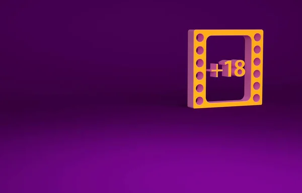 Orange Play Wideo z napisem 18 plus ikona zawartości izolowane na fioletowym tle. Symbol ograniczenia wieku. Kanał dla dorosłych. Koncepcja minimalizmu. Ilustracja 3D 3D renderowania — Zdjęcie stockowe