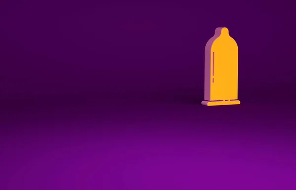 Condón naranja seguro sexo icono aislado sobre fondo púrpura. Símbolo de amor seguro. Método anticonceptivo para hombres. Concepto minimalista. 3D ilustración 3D render —  Fotos de Stock