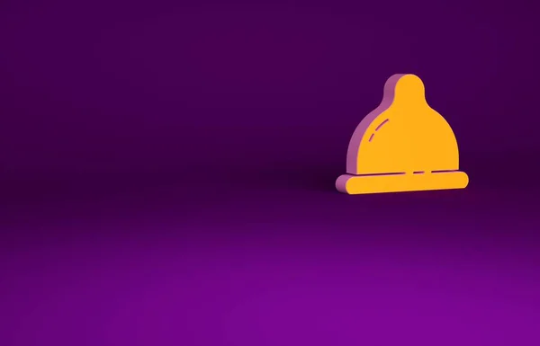 Oranje condoom veilig sex icoon geïsoleerd op paarse achtergrond. Veilig liefdessymbool. Anticonceptiemethode voor mannen. Minimalisme concept. 3d illustratie 3D renderen — Stockfoto