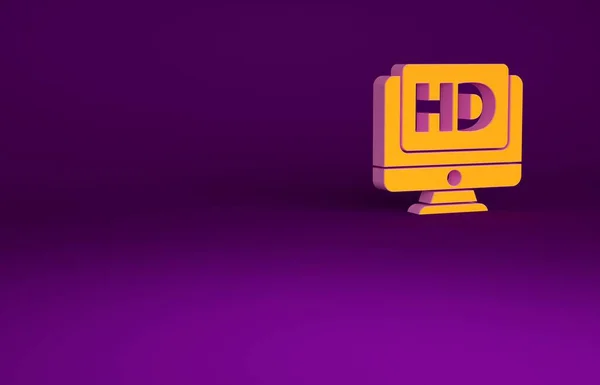 Narancs Computer PC monitor kijelző HD video technológia ikon elszigetelt lila háttér. Minimalizmus koncepció. 3d illusztráció 3D render — Stock Fotó
