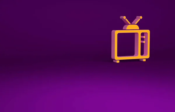 Narancs Retro tv ikon elszigetelt lila háttér. Televíziós jel. Minimalizmus koncepció. 3d illusztráció 3D render — Stock Fotó