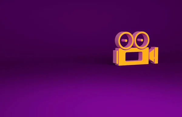 Icono de cámara de cine naranja aislado sobre fondo púrpura. Videocámara. Signo de película. Proyector de cine. Concepto minimalista. 3D ilustración 3D render — Foto de Stock