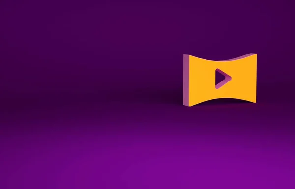 Orange en ligne jouer icône vidéo isolé sur fond violet. Bande de film avec panneau de jeu. Concept de minimalisme. Illustration 3D rendu 3D — Photo